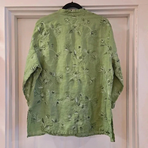 Tweeds Embroidered Floral Linen Button Down Tunic Green Womens Size 1X - Picture 2 of 12